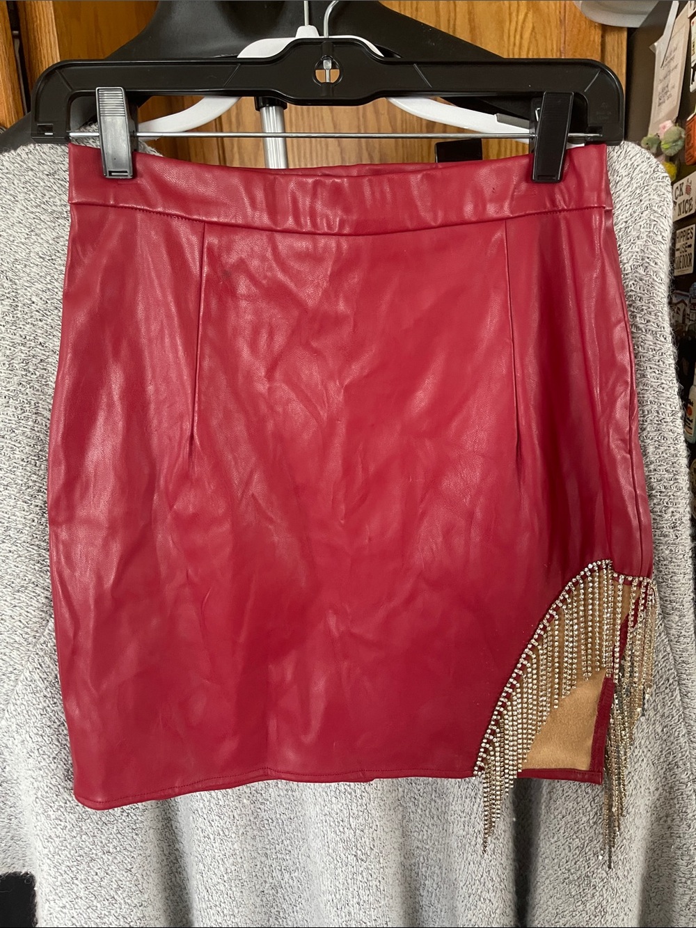 Bear Dance Rex Faux Leather Mini Skirt with Silver Crystal Fringe Medium